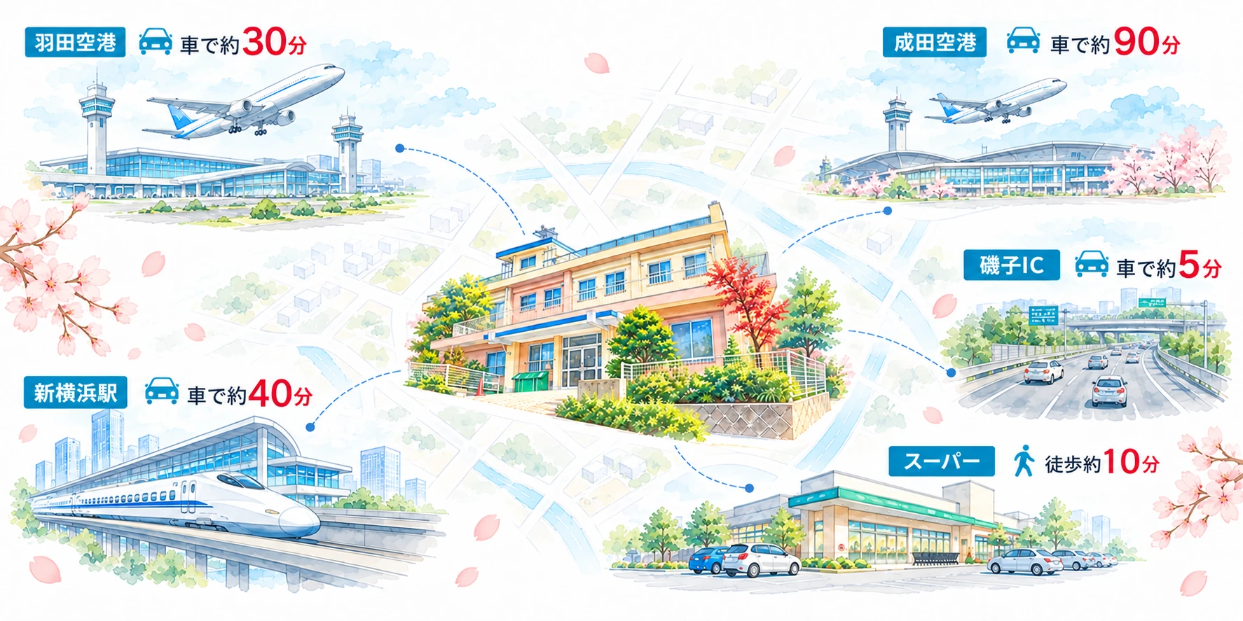 KDKアカデミーを中心に羽田空港、成田空港、新横浜駅、磯子IC、スーパーマーケットへのアクセスを描いた水彩案内図